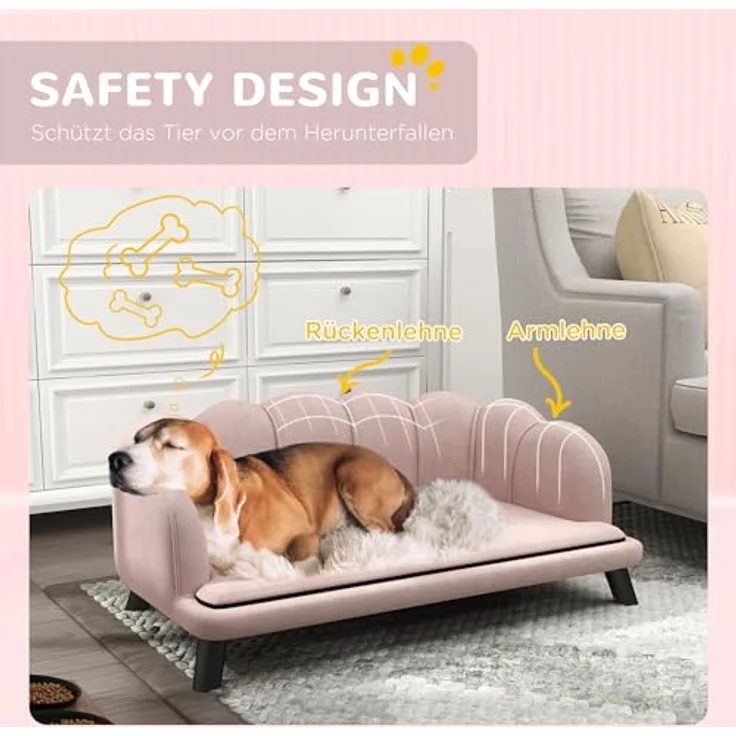 PawHut Hundesofa Hundecouch, Rosa, Waschbarer Bezug, mit Rückenlehne und Holzbeine, für mittelgroße Hunde unter 25 kg – Bild 4