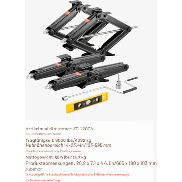 VEVOR RV Scherenwagenheber, Wagenheber mit Kurbelgriff, 4082 kg Tragfähigkeit, Hubbereich 103-595 mm, 4-teilig mit Wasserwaage und Stabilitätsmerkmalen – Bild 7
