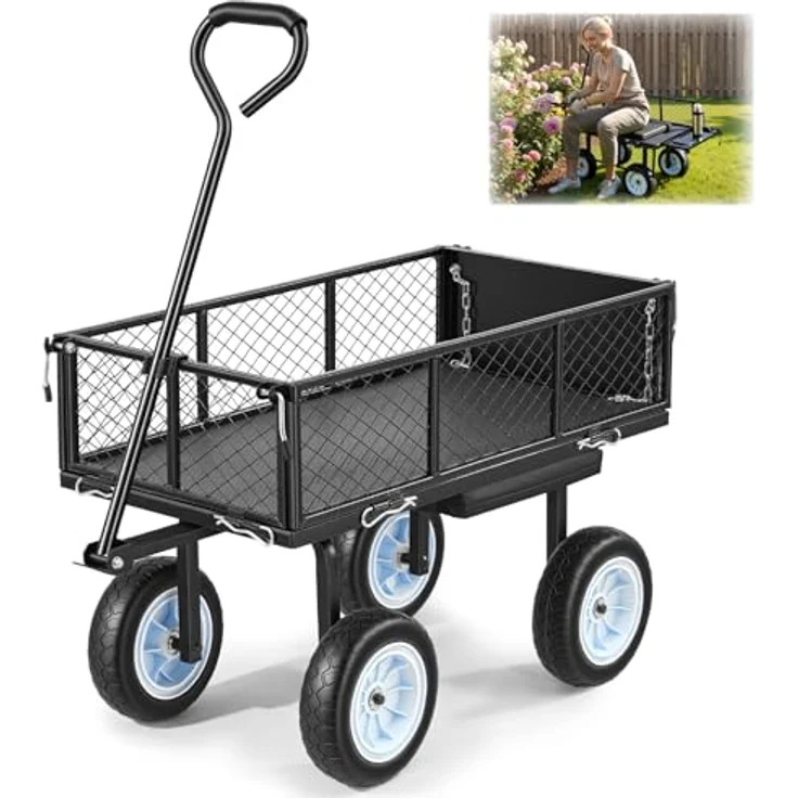 VEVOR Bollerwagen 226,8 kg Tragkraft, Gartenwagen mit Sitz, PU-Rädern und verstellbarem Griff, Transportwagen mit Werkzeugablage, Schwarz – Bild 1
