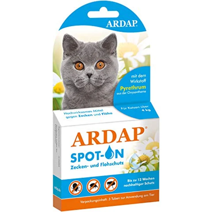 ARDAP Spot On für Katzen über 4kg - Natürlicher Wirkstoff - Zeckenmittel für Katzen, Flohmittel Katzen, Zeckenschutz Katze - 3 Tuben je 0,8ml - Bis zu 12 Wochen nachhaltiger Langzeitschutz – Bild 1