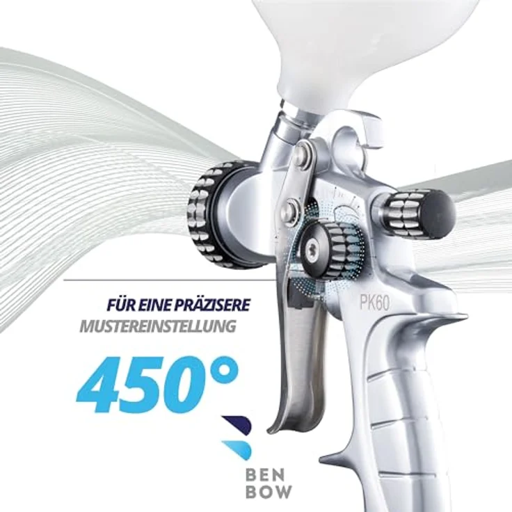 BENBOW Lackierpistole PK60, HVLP Set mit 1,4 mm + 1,8 mm Düsen, 600 ml Lackbehälter und Koffer, professionelle Spritztechnik – Bild 7