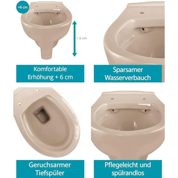 Calmwaters Wand-WC Modern Plus, spülrandlos mit 6 cm Erhöhung, Tiefspüler, waagerecht, Bahamabeige, antibakterieller WC-Sitz – Bild 3