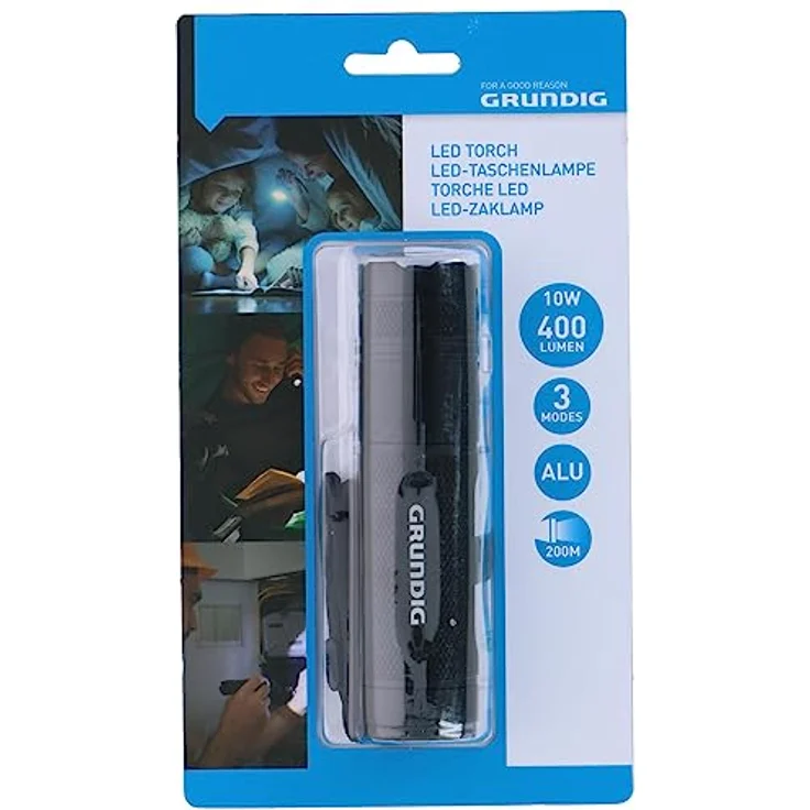 GRUNDIG LED Taschenlampe 400 Lumen - 10W - 200M Reichweite - 3 Leuchtmodi: Hoch, Niedrig, Pulsierend - Schwarz/Orange – Bild 2