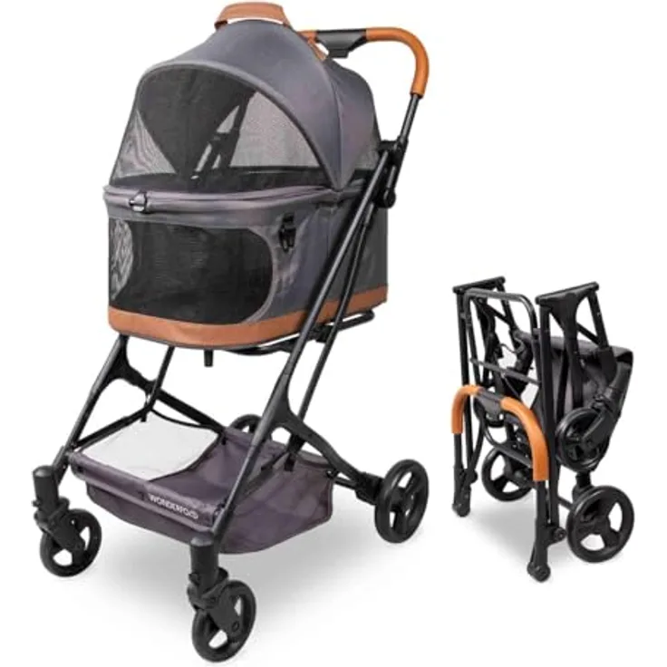 Wonderfold P2, Hunde-Transportbox 3-in-1 Buggy mit doppelten Eingängen, Mesh-Belüftung und herausnehmbarer Bodenmatte, grau