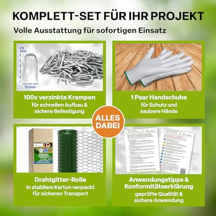 TTL GARDEN Hasendraht 25mx1m, PVC-beschichtet, 25x45mm Masche, grün, inkl. 100 verzinkte Krampen und Arbeitshandschuhe – Bild 4