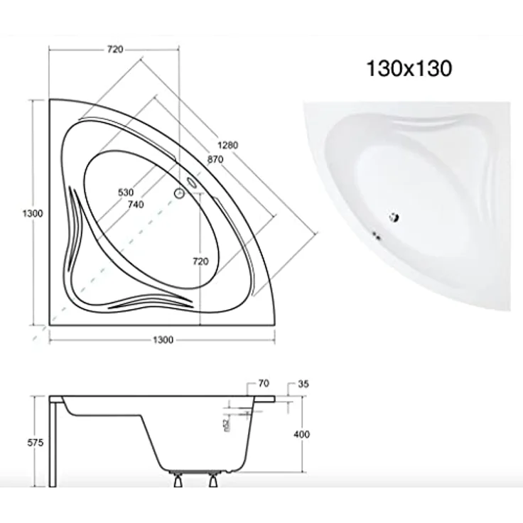 KOLMAN Badewanne Eckbadewanne Mia 130x130 mit Acrylschürze - Ablaufgarnitur VIEGA & Füße – Bild 5