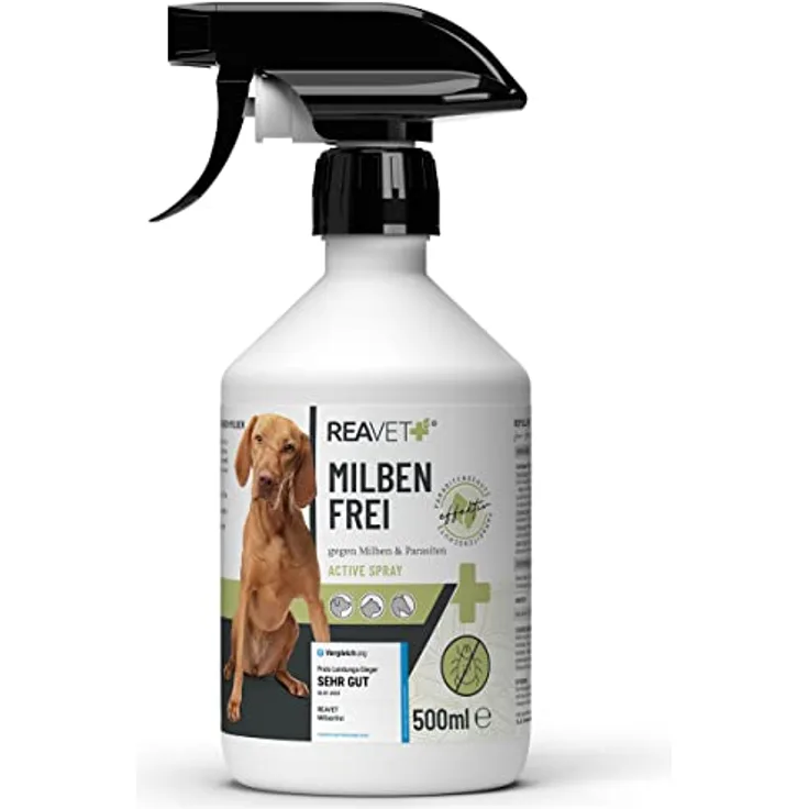 ReaVET Anti Milben Spray 500ml für Hund, Katze & Pferd – Natürliches Mittel gegen Milben bei Hunden oder Katzen, Milbenspray mit Soforteffekt gegen Juckreiz und Befall, Milben sicher entfernen