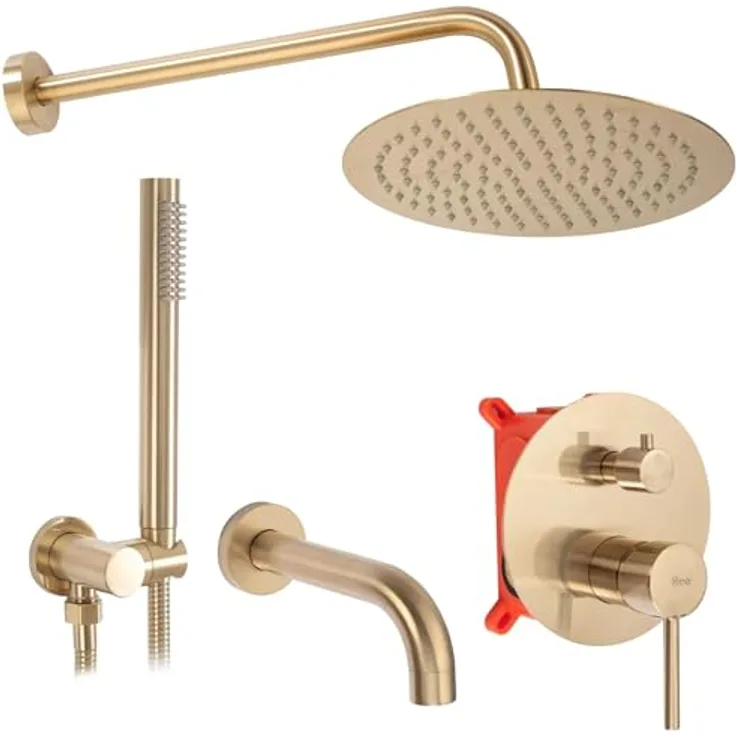 Rea Unterputz Wannen-/Duschsystem Lungo Brush Gold, Duschset mit Duscharmatur und Regendusche 25 x 25 cm, Messing, gebürstetes Gold