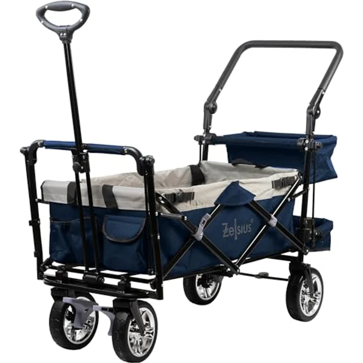 Zelsius Bollerwagen faltbar mit Dach, Transportwagen mit Gurtsystem, blau/grau, 87,5 Liter Nutzvolumen, 90 kg belastbar, abnehmbares Sonnendach – Bild 3