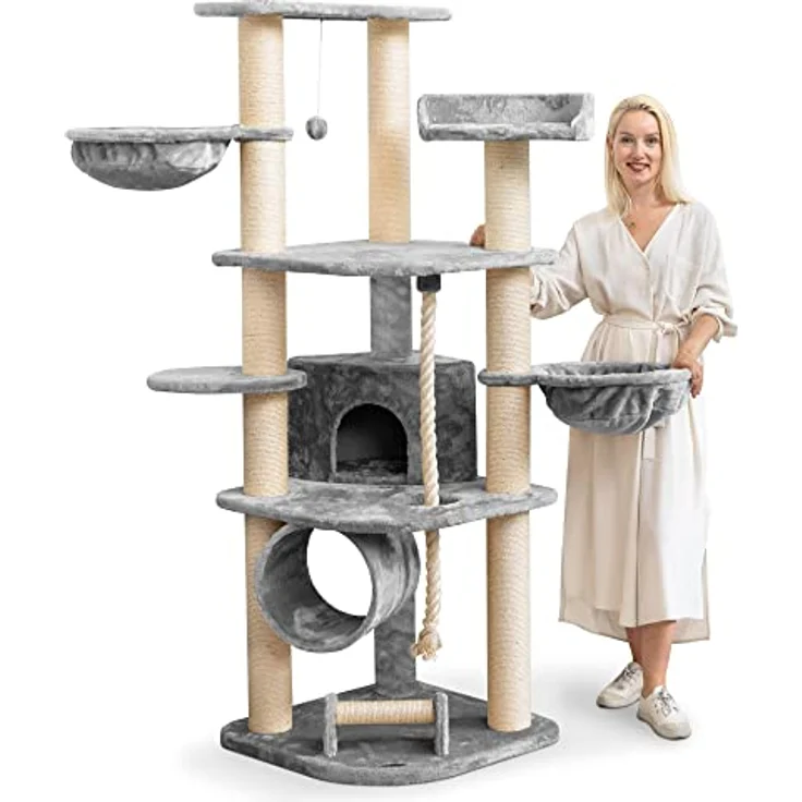 HAPPYPET Großer Kratzbaum Parker 171 cm hoch - Kletterbaum Katzenbaum für Katzen, Stabile Dicke Sisal-Säulen 11 cm, Haus Spieltunnel, große Liegemulden (Belastbar 15 kg), Spieltau & Kratzrolle, Grau – Bild 1