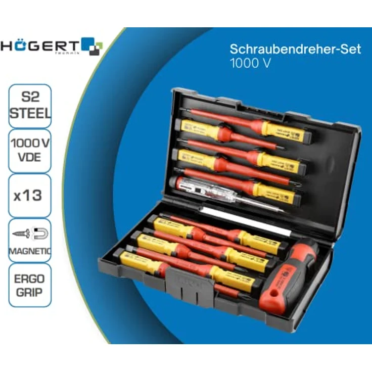 Set isolierter 1000 V-Schraubendreher mit austauschbarem Griff mit Spannungsprüferzur Erkennung von Spannung in Steckdosen. Högert HT1S997, Rot/Gelb – Bild 2