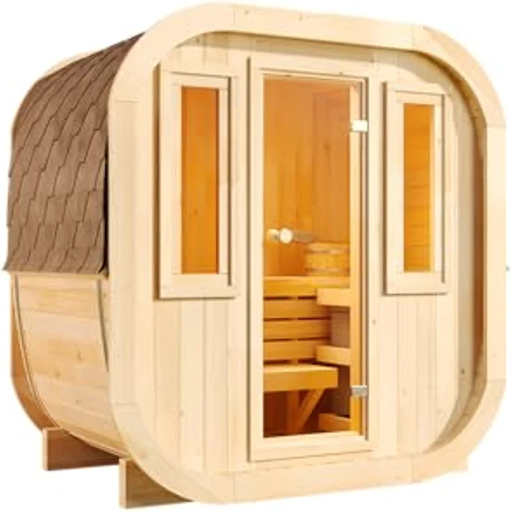 FinnTherm Fasssauna ScandiCube Mini XXS, 42 mm, 42 mm Wandstärke, nordische Fichte, 2 bronzierte Fenster – Bild 3