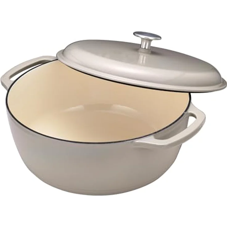 Amazon Basics Rundschmortopf, 6,9 L emailliertes Gusseisen mit Deckel, Leinengrau, für Braten und Backen, Ofenfest bis 260°C – Bild 2