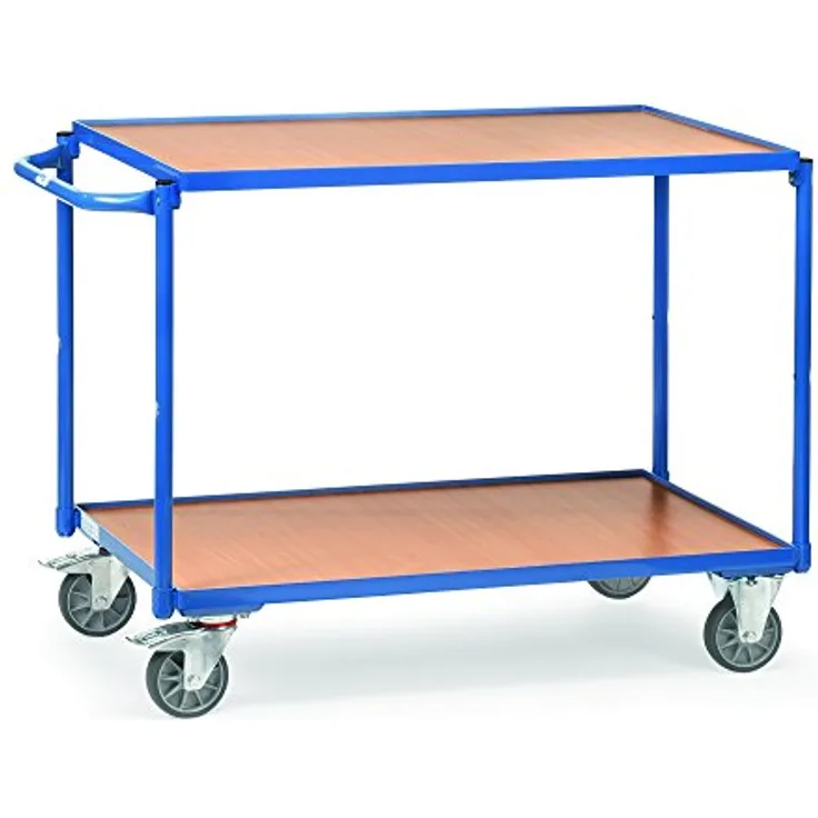 Fetra Tischwagen, Ladefläche 1000 x 600 mm, mit Holzwerkstoffplatten in Buchendekor, pulverbeschichtet blau RAL 5007, Tragkraft 80 kg
