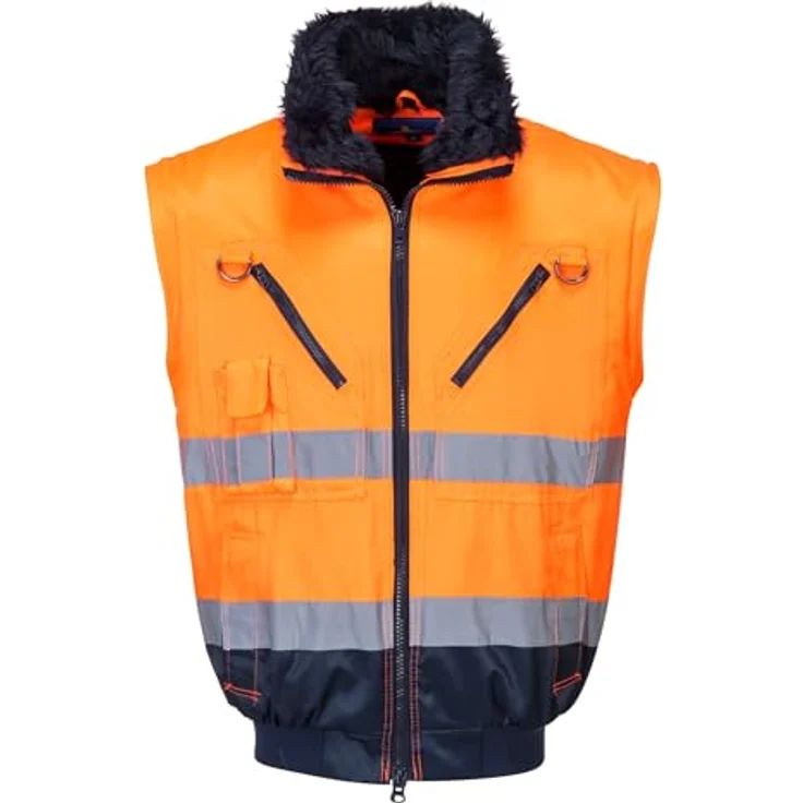 Portwest PJ50 Hi-Vis 3-in-1 Kontrast Pilotjacke, Wasserabweisend mit abnehmbarem Pelzfutter, EN ISO 20471 Class 3, Schwarz/Neonorange – Bild 4