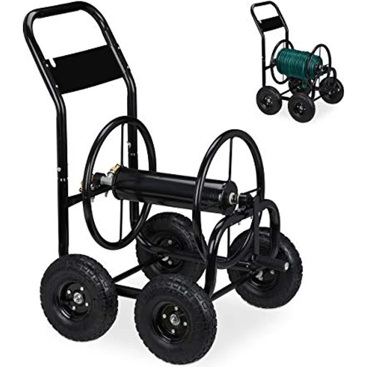 Relaxdays Schlauchwagen Metall, 1/2" & 3/4" Anschluss, fahrbare Schlauchtrommel, bis 75 m Schlauch, 4 Räder, schwarz – Bild 1