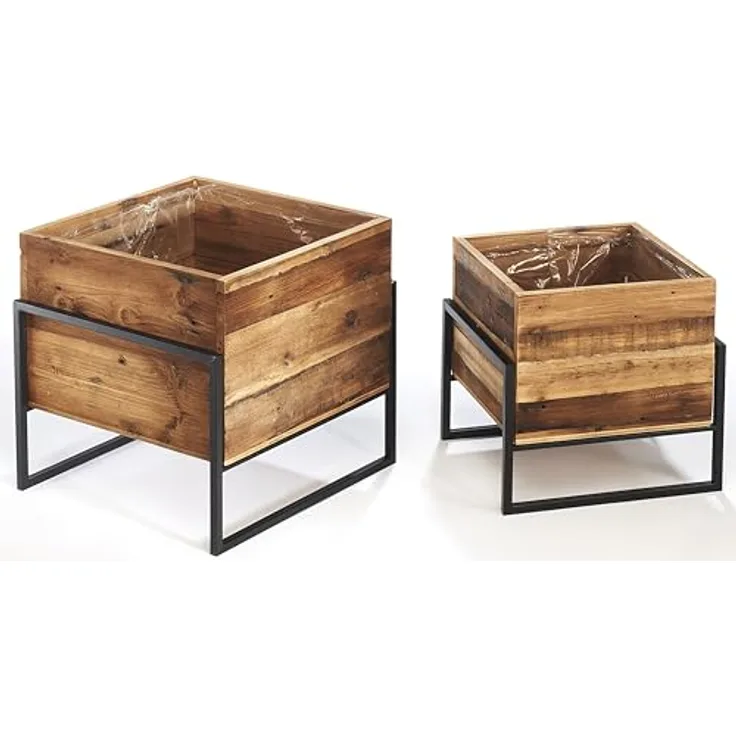 Kobolo Übertöpfe Pflanzkübel Set - Holz und Metall - schwarz - quadratisch - mit Folie