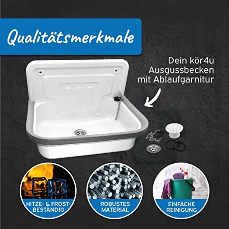 kör4u Ausgussbecken weiß 50cm, aus robustem Stahl für Keller, Waschküche, Garten, Spülbecken, inkl. Abflussstopfen – Bild 3