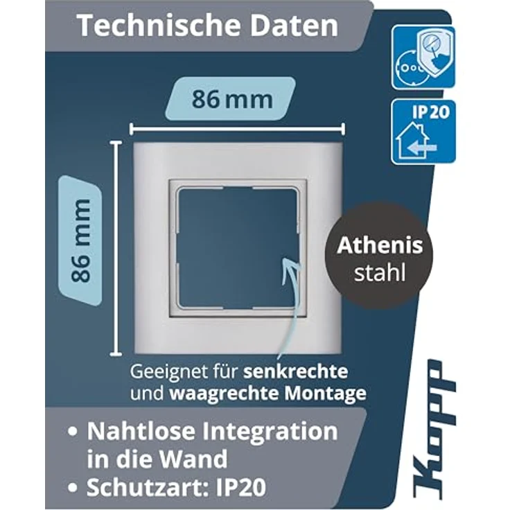 Kopp Abdeckrahmen 1-fach Athenis, Stahl, für senkrechte und waagerechte Installation – Bild 2