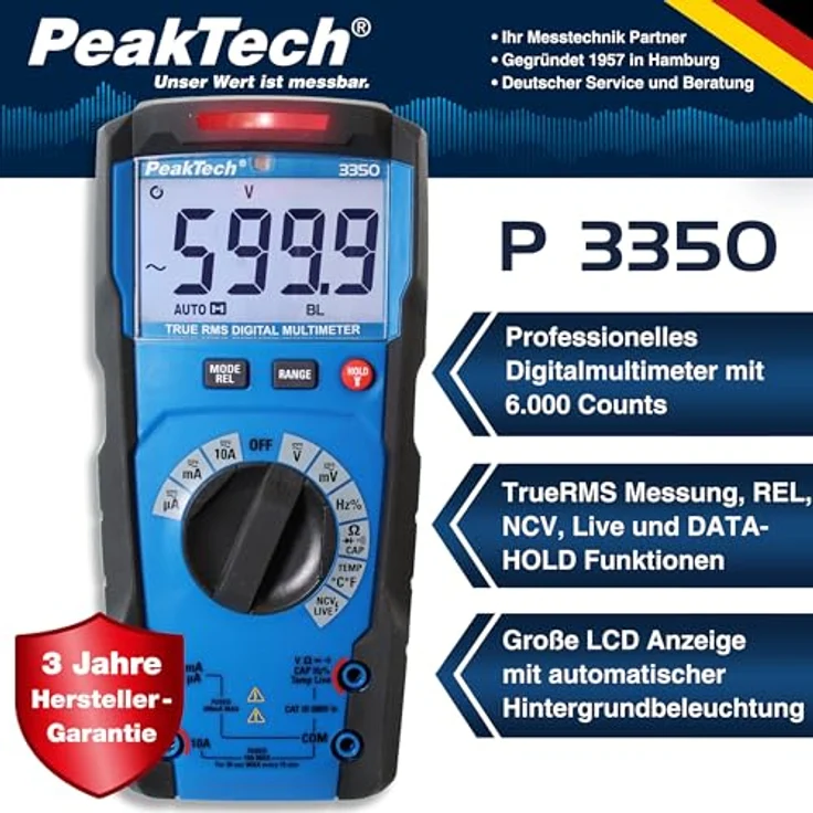 PeakTech Multimeter PeakTech 3350: Profi True RMS Digitalmultimeter ~ 6.000 Counts ~ 600V, spritzwassergeschütztes Gehäuse in schwarz – Bild 3