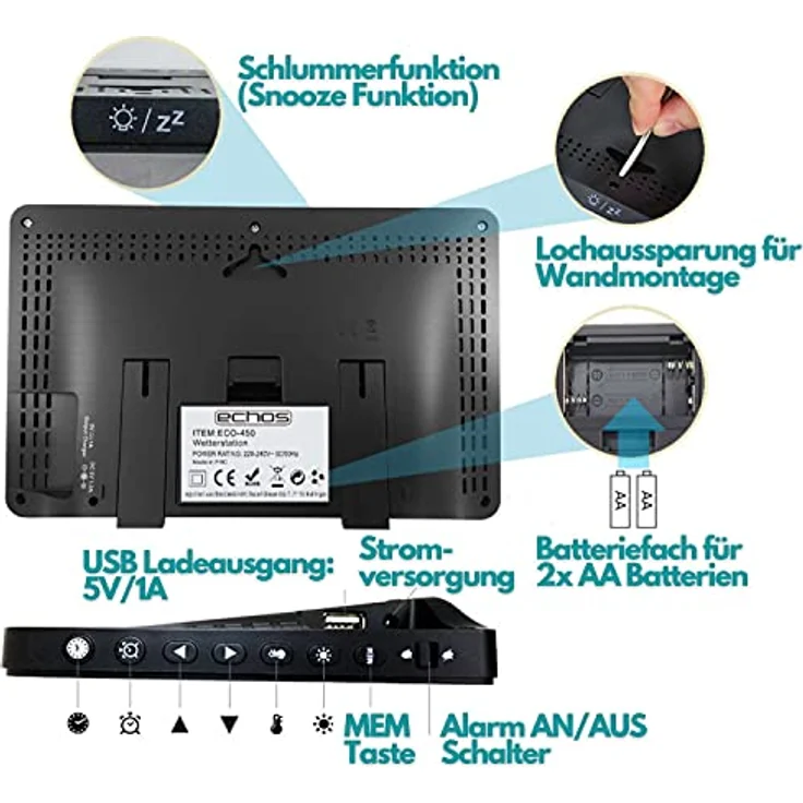 Echos Eco-450, Funkwetterstation mit LCD Farbdisplay, Wettervorhersage, Außensensor, schwarz – Bild 2