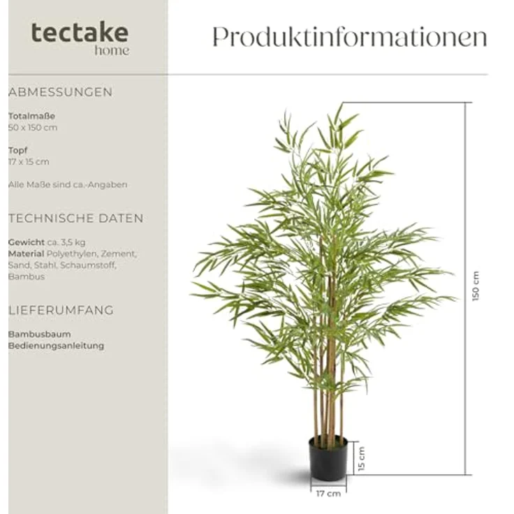 tectake Bambusbaum Bambosa, Künstlicher Baum mit naturgetreuen Blättern, 150 cm, Grün, pflegeleicht, dekorativ – Bild 6