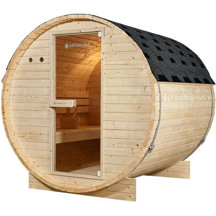 Artsauna Fasssauna Spitzbergen 180, für 4 Personen, Fichtenholz, 6 kW Elektro-Ofen, Naturfarben - Preisvergleich – Bild 1