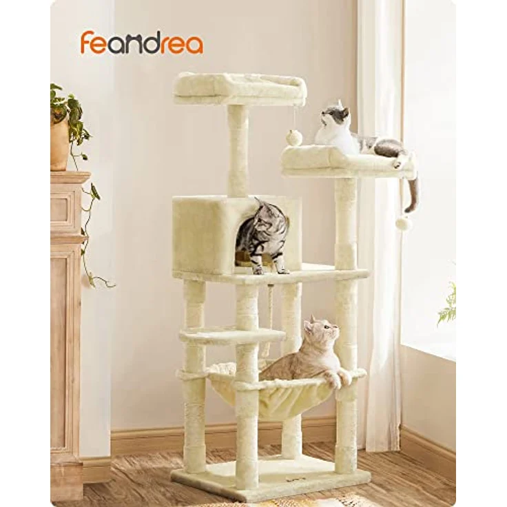 Feandrea Kratzbaum, 143 cm hoch, Katzenbaum mit 11 Kratzsäulen, 2 Plattformen, 1 Katzenhöhle, 1 Hängematte, 2 Plüschbällen, Plüsch, mehrstöckiges Design, beige PCT15BE – Bild 2