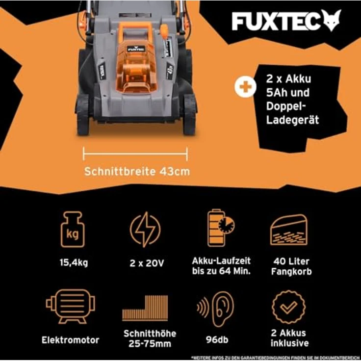FUXTEC FX-E2RM43PRO Akku-Rasenmäher 40V (2x20V) mit 2x5Ah Akku & Ladegerät, Radantrieb, 43 cm Schnittbreite, 3-in-1 Mulchfunktion – Bild 2
