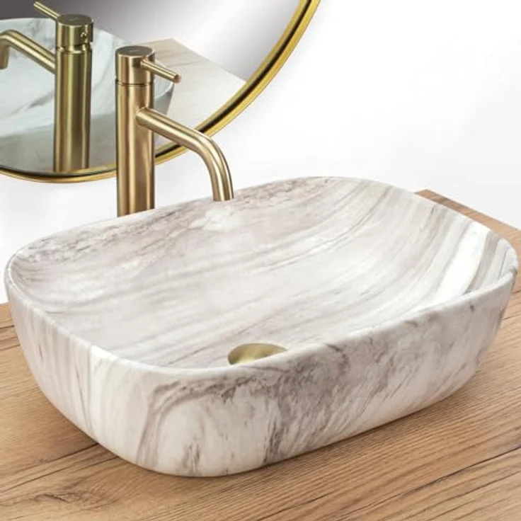 Rea Aufsatzwaschbecken Belinda Ash Waschtisch Handwaschbecken Waschschale Waschbecken für Badezimmer aus hochwertiger Keramik 33 x 46 x 13,5 cm (Steinimitation) – Bild 2