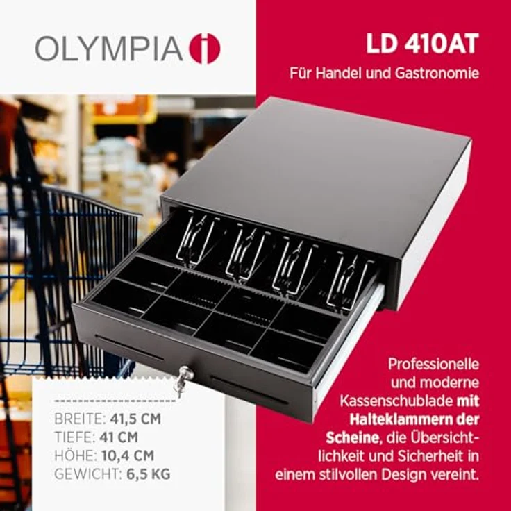 Olympia LD 410AT Kassenschublade | Geldkassette abschließbar mit Einwurfschlitz | RJ12-kompatibel | 8 Münz- & 4 Scheinfächer + Halteklammern | Metallgeldbox für Handel & Gastronomie | 41,5x41x10,4 cm, schwarz – Bild 2