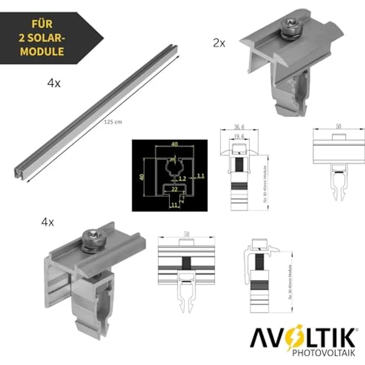Avoltik Solar Halterung Ziegeldach | Montageset für 2 Paneele, 3-fach verstellbare Dachhaken, ALU-Schienen, für Solarmodule von 30-40mm dicke – Bild 2