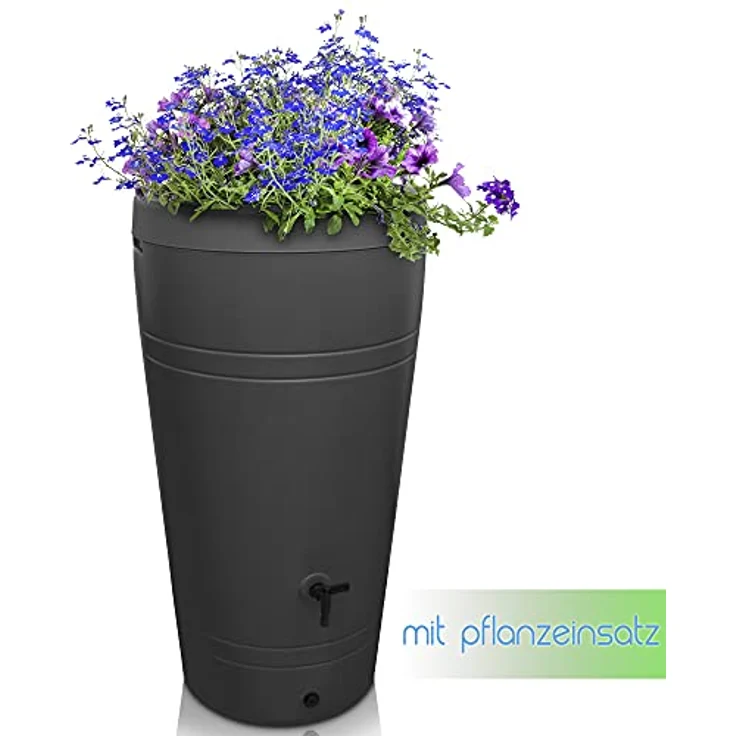 YourCasa Regentonne 230 Liter [Decore Design] frostsicher, schmal (Anthrazit) - nachhaltige Bewässerung mit Pflanzschale – Bild 4
