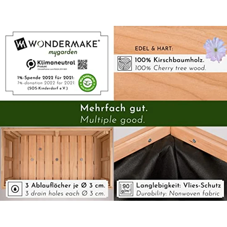 WONDERMAKE® Premium Hochbeet aus Kirschbaum Holz groß für Garten Balkon Terrasse, Pflanzkasten Bausatz XL hochwertig rechteckig mit Vlies-Folie, Kräuterbeet Pflanzenkasten deko, braun – Bild 2