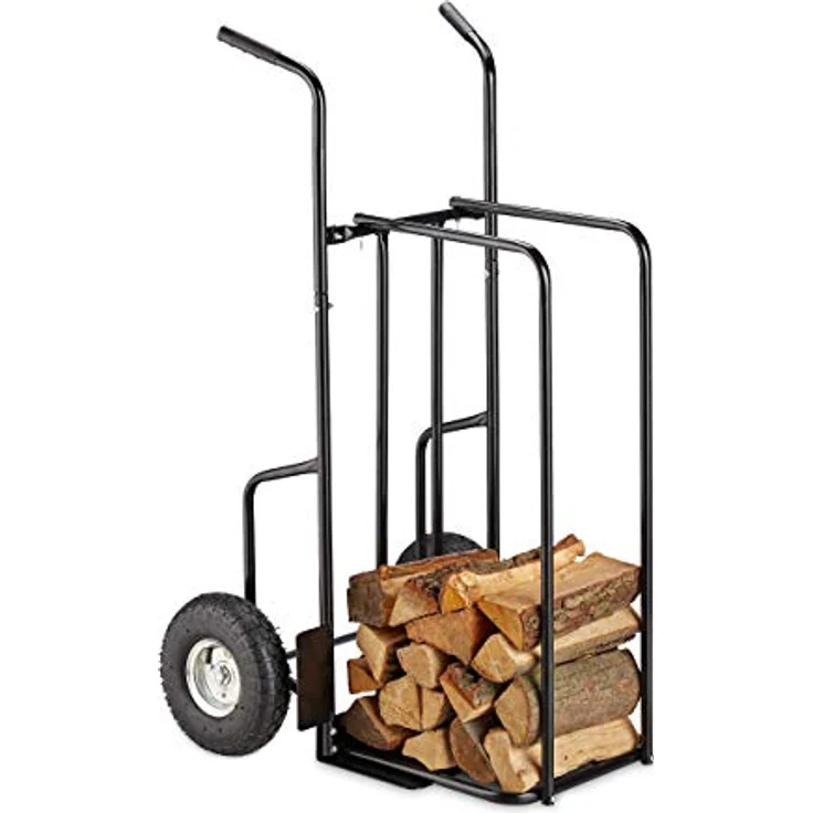 Relaxdays XL Kaminholzwagen Metall, Brennholzkarre bis 200 kg mit 2 großen Luftreifen, schwarz – Bild 1