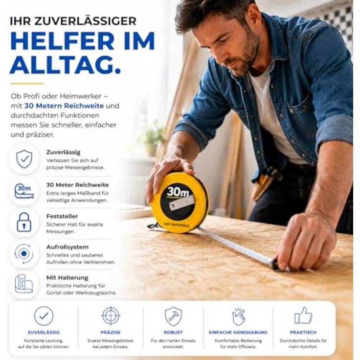 TK Gruppe Timo Klingler XXL Kapselbandmaß 30 Meter, robustes Maßband mit Halterung und präziser Skalierung, ergonomischer Griff und zuverlässiges Aufrollsystem – Bild 3