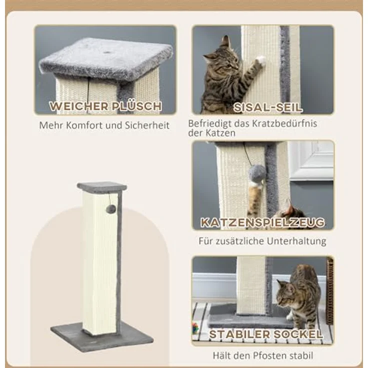 PawHut Kratzstamm, 81cm Kratzsäule, Sisal-Katzenkratzbaum mit Spielball, Kratzbaum für Katzen, Kratzmöbel für Katzen bis 5 kg, Indoor, Grau, Creme – Bild 4