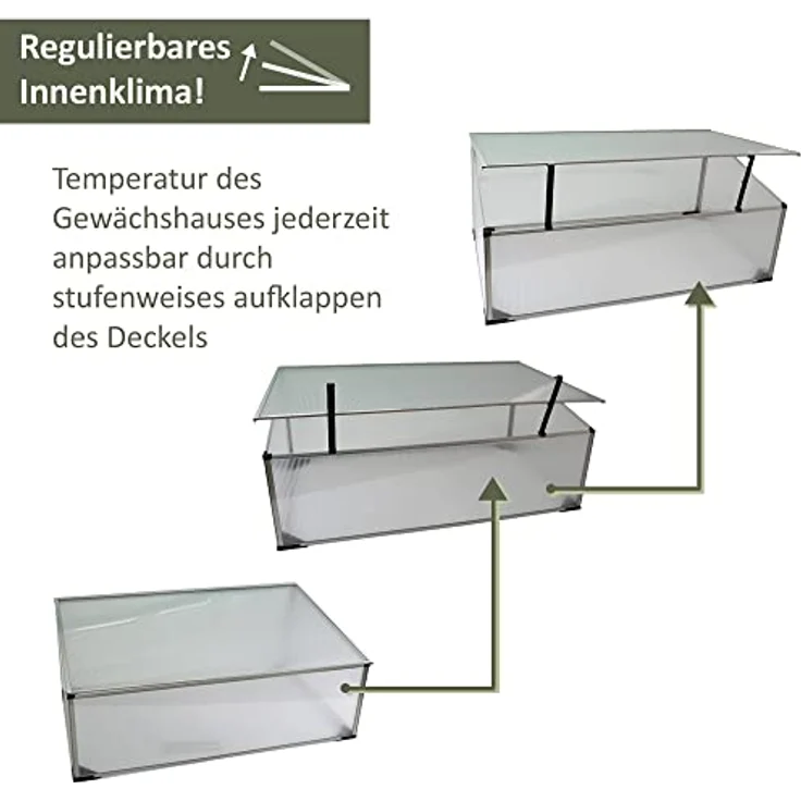 NATIV Frühbeet aus 1 mm dicken Aluminium, Hochbeet Abdeckung mit arretierbarem Dach, Frühbeetkasten mit Polycarbonatplatten, Frühbeetaufsatz für Hochbeet 100 x 60 cm, Mini Gewächshaus – Bild 3