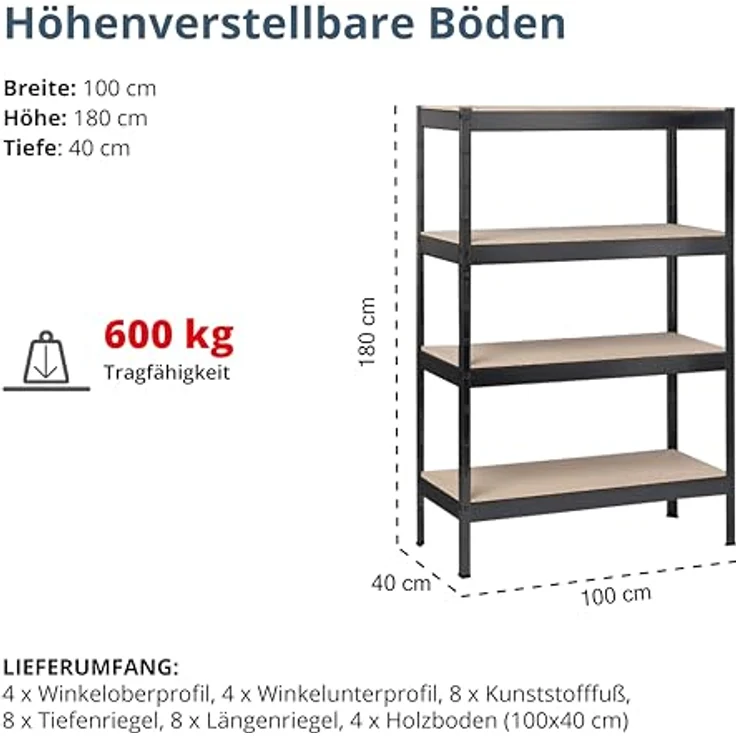 SCHULTE Regalwelt Stecksystem-Grundregal M, 4 Holzböden 1800x1000x400, schwarz – Bild 2