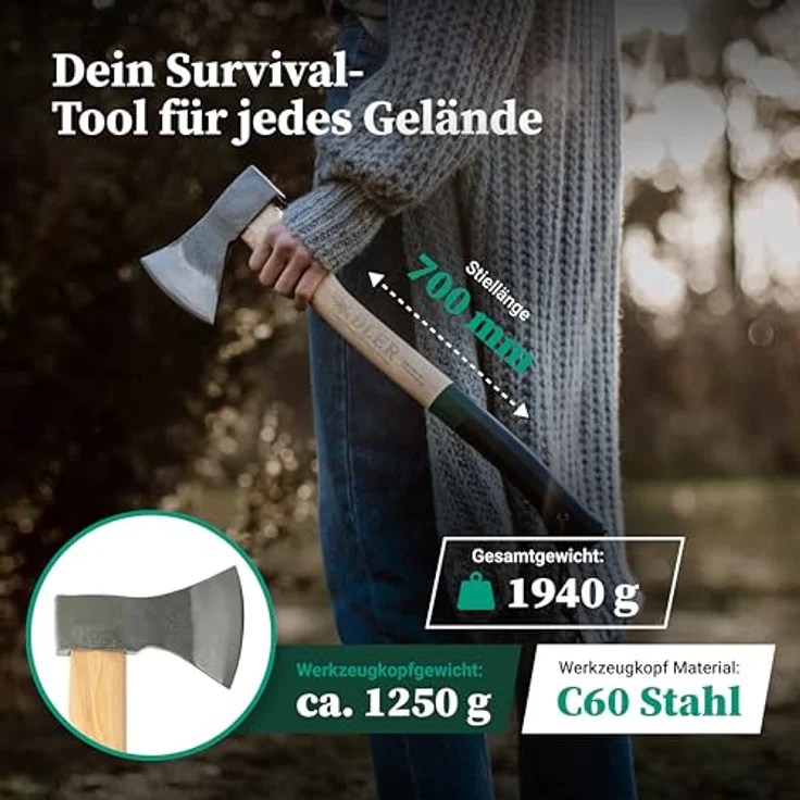 Adler Rheinlandaxt inkl. Lederschutz: Geschmiedete Axt mit C60-Stahlkopf & 70 cm Hickory-Stiel, große Allround-Forstaxt, Rot/schwarz, 1250 g – Bild 2