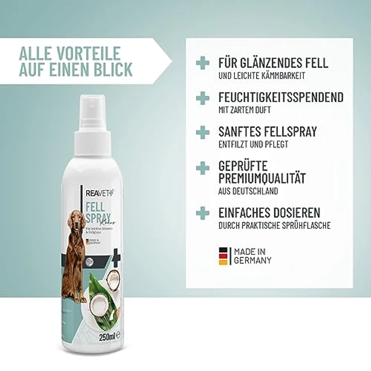 ReaVET Fellpflege Pflegespray Kokos 250ml – Sanftes Fellspray für Hunde & Katzen, Entfilzungsspray & Kämmhilfe, für glänzendes Fell mit Kokosduft – Bild 2