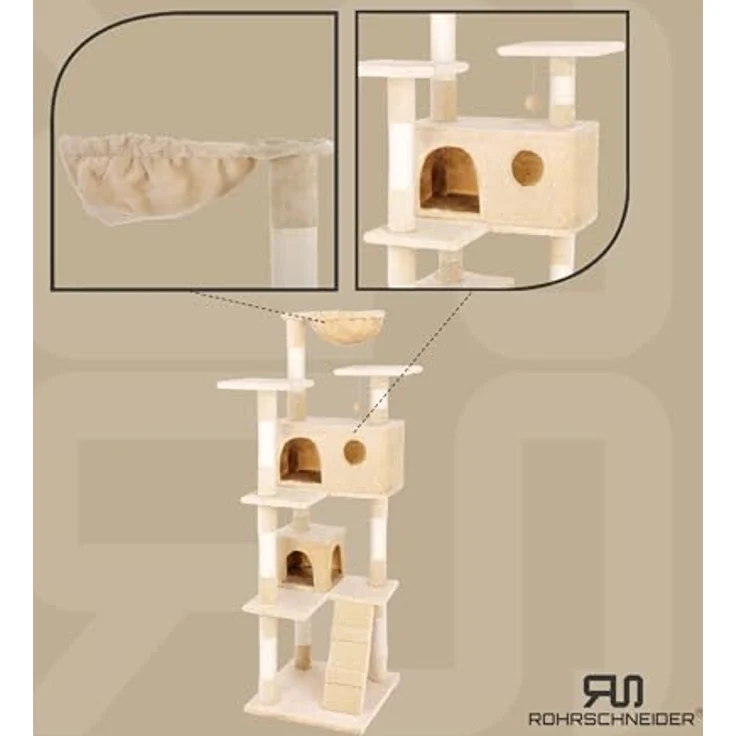 Rohrschneider Kratzbaum Marley | Katzenbaum mit Katzenhöhlen und Katzenkuschelnest| Sisal und Plüsch | 50 x 50 x 150 cm (Beige) – Bild 2