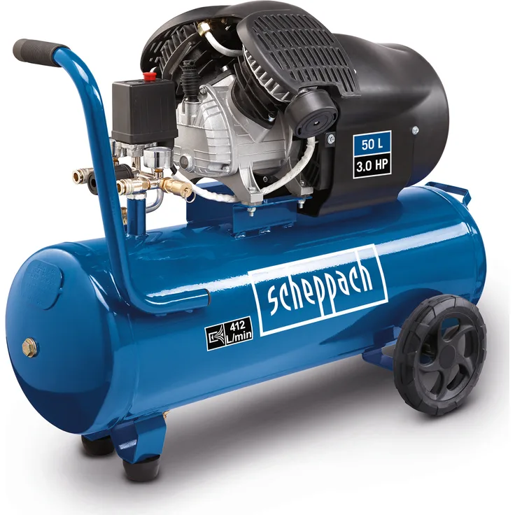 Scheppach Druckluft Kompressor HC53DC 2200W Leistung 50L Kessel 10bar Druck Ansaugleistung 412L/min Druckminderer, ölgeschmiert, Doppelzylinder