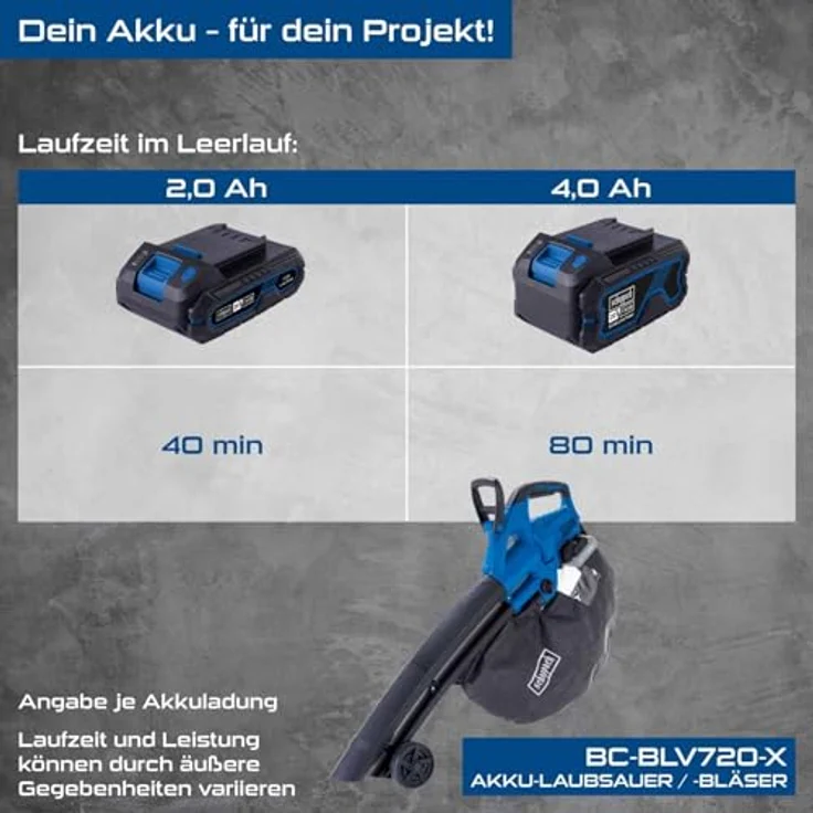 Scheppach BC-BLV720-X Akku Laubbläser Laubsauger mit 4in1-Funktion, 210 km/h, 720 m3/h, Häckselfunktion, 45L Fangsack, inkl. 2x 2Ah Akku & Doppelladegerät – Bild 3