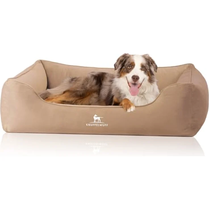 Knuffelwuff orthopädisches Hundebett Jona Samt XL Camel | Memory Foam, abnehmbarer waschbarer Bezug, gelenkschonend, für kleine bis große Hunde – Bild 1