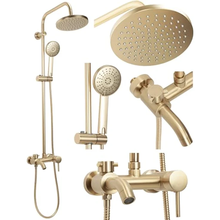 Rea Duschsystem Luis Gold Brush, Duschset mit 20 x 20 cm Regendusche und 150 cm Schlauch, gebürstetes Gold – Bild 1