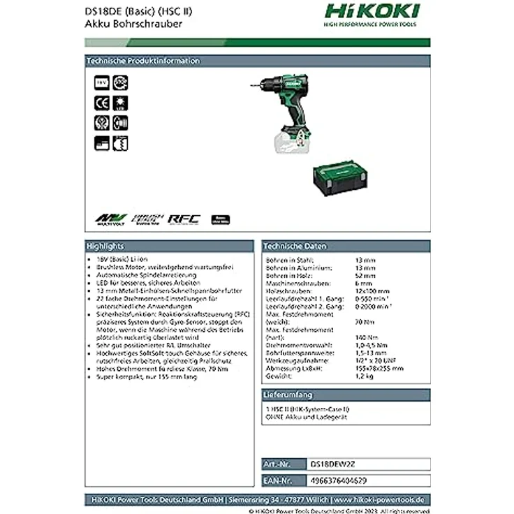 HIKOKI Akku Bohrschrauber DS18DEW2Z, Bohrfutter: 1,5-13mm (18V, Max. Festdrehmoment (hart): 140 Nm, Leerlaufdrehzahl 2.Gang: 0-2000 min-1, Brushless) Zubehör: im HSC II Koffer, ohne Akku und Ladegerät – Bild 2