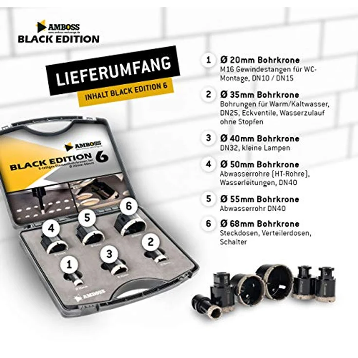 Diamant Bohrkronen Set - Amboss Black Edition - Ø 20/35/40/50/55/68 6 tlg. – Bild 4