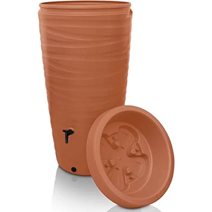 YourCasa Regentonne 240 Liter [Wave Design] Regenfass Frostsicher aus Kunststoff - Terracotta Regenwassertonne mit Wasserhahn - Modernes Regenwasserfass mit Pflanzschale – Bild 1