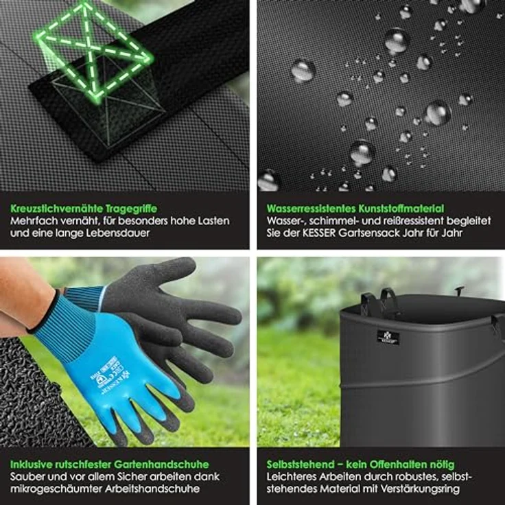 KESSER® Pop-Up-Gartensack 3x 175L Set, selbststehend, faltbar, inkl. Handschuhe, robustes Propylengewebe, stabil mit Griffen, für Laub- und Gartenabfälle – Bild 3